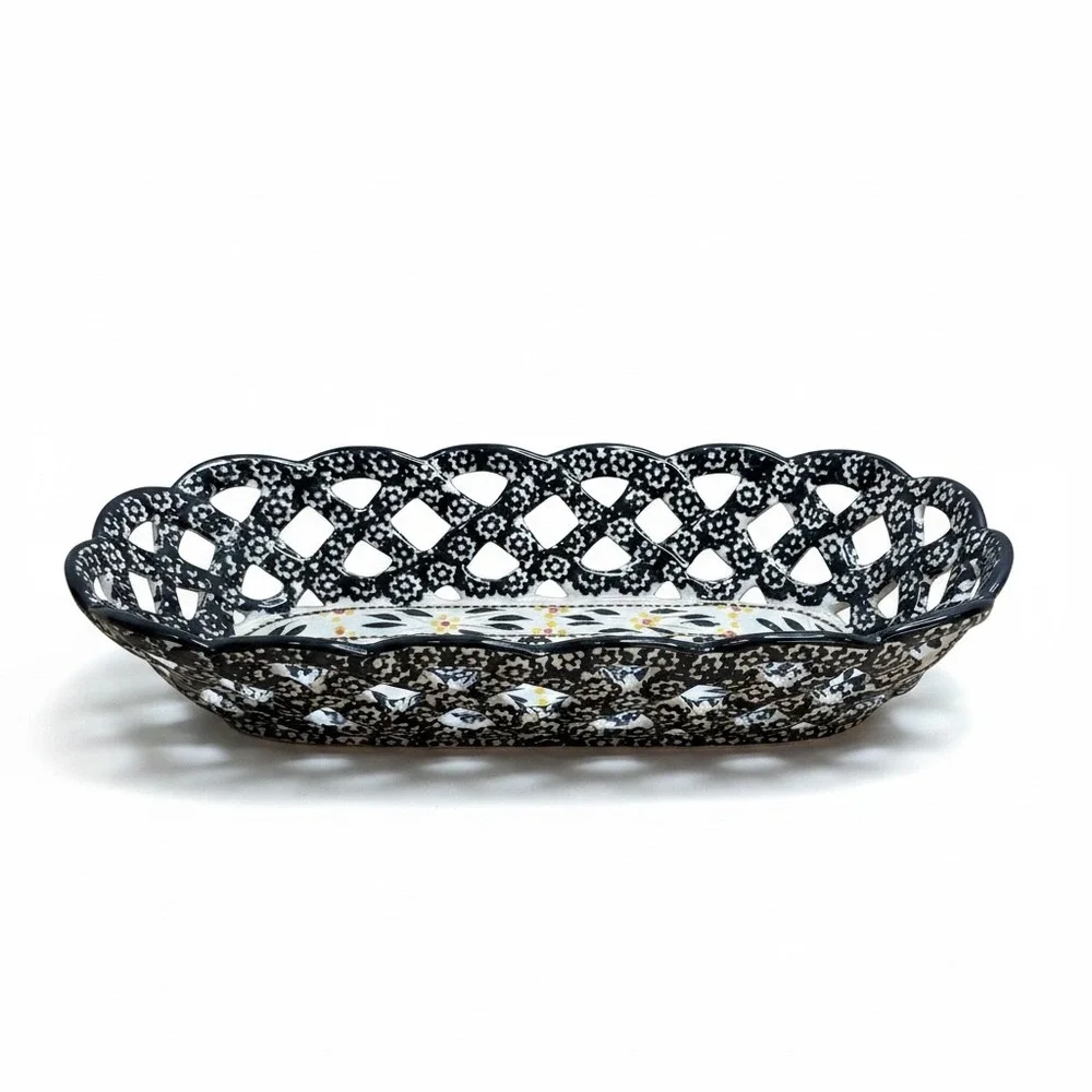 Temp-tations Old World Basket Bowl Black Lattice Ceramic Hand Painted Serving